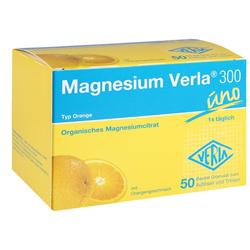 Gelbe Magnesiumverpackung mit Orangengeschmack, 50 Beutel zum Auflösen.