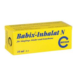 Gelbe Schachtel mit der Aufschrift "Babix-Inhalat N" für Säuglinge, Kinder und Erwachsene.