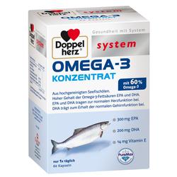 Schachtel von Omega-3-Kapseln mit Fisch und Dosierungshinweisen.