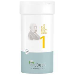Weiße Dose mit der Aufschrift "Calcium fluoratum D12, Nr. 1" und einem Porträt.
