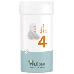 Weiße Dose mit der Aufschrift "Kalium chloratum D6" und Nummer 4 in Orange.
