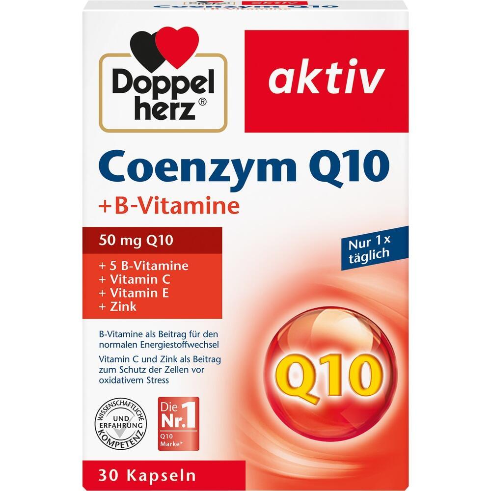 Packung mit Q10 und B-Vitaminen von Doppelherz für tägliche Einnahme.