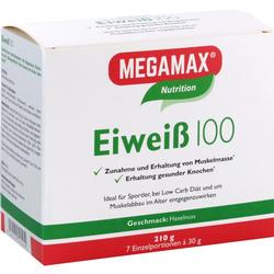 Weiße Packung mit Aufschrift "MEGAMAX Eiweiß 100" und Haselnussgeschmack.